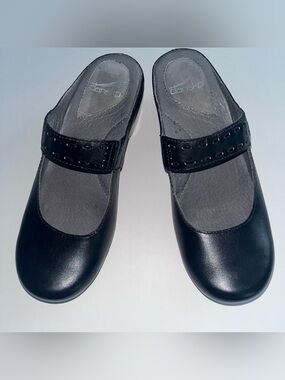 Dansko Mary Jane Black Leather Clog Shoe with Floral Strap